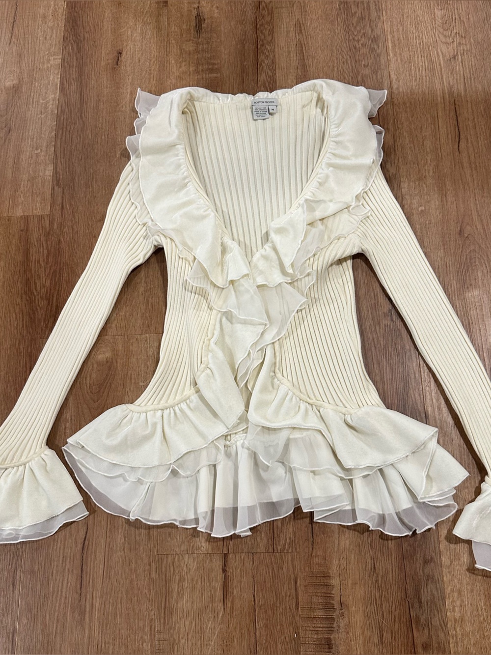 Boston Proper Women’s Cream Sweater with Ruffles